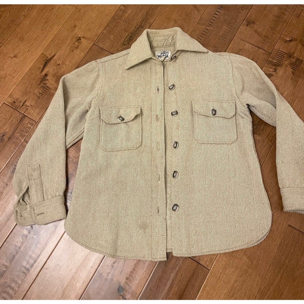 Woolrich Wool Shirt Jacket Thick Flannel Schacket Tan Beige Button Up Vintage L